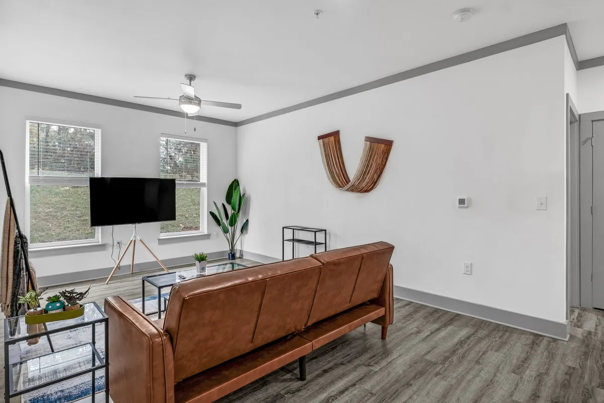 A cozy living area with a leather sofa, television, decorative indoor plant, and wall art. The inviting setup creates a comfortable atmosphere for relaxation or informal productivity breaks.