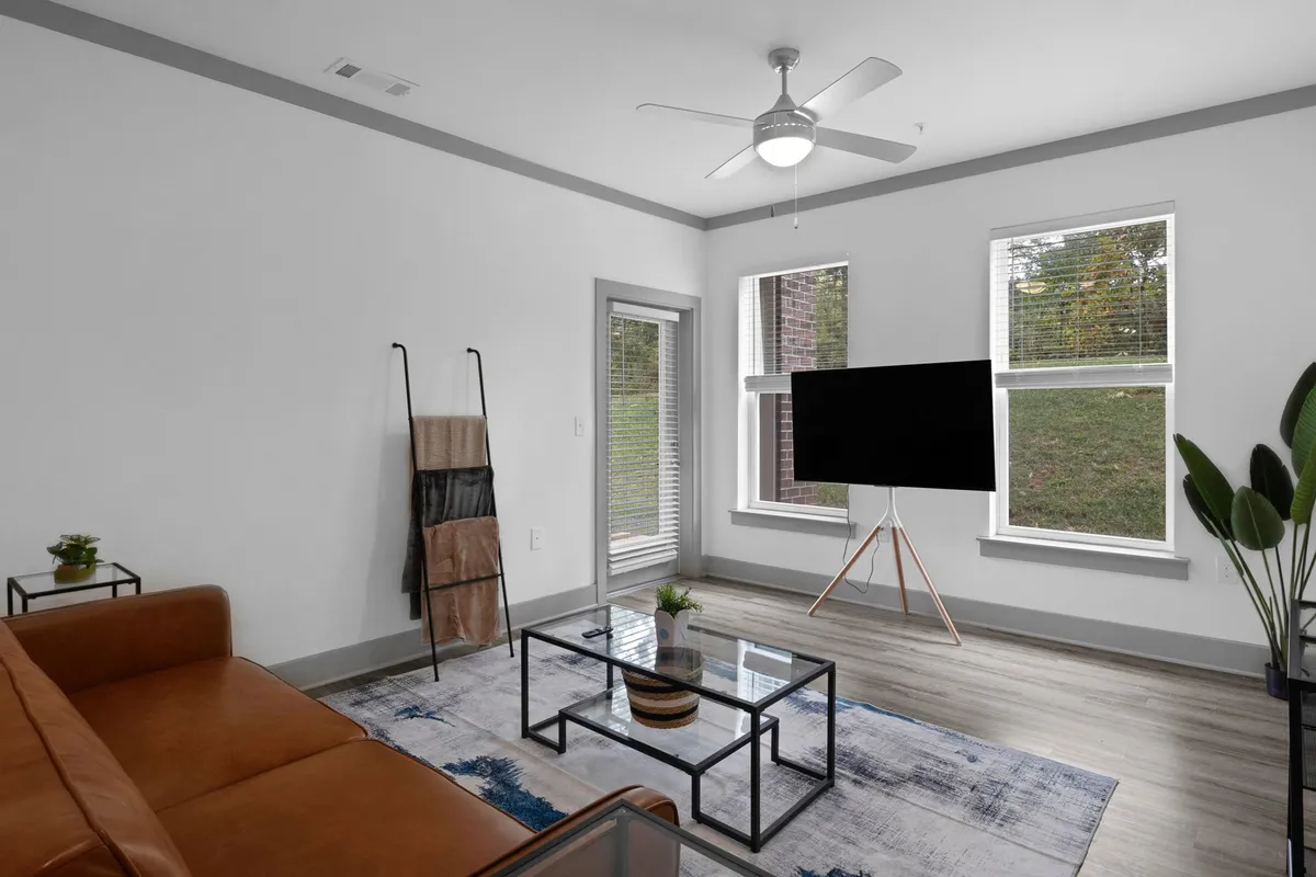 A cozy and contemporary living room with a brown leather sofa, glass coffee table, TV on a tripod stand, and a lush houseplant. The setting is ideal for movie nights, relaxed conversations, or winding down after a day out.